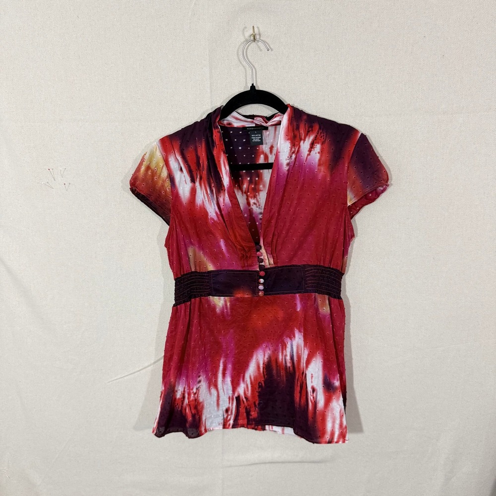 BCBGMAXAZRIA Womens Tie Dye Swiss Dot Empire Waist Blouse Red Purple Large